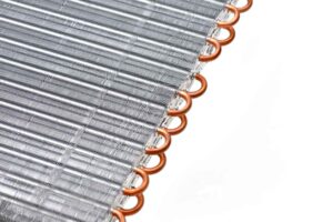 Copper tubing in an air conditioner coil.