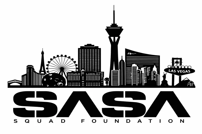 Black and white graphic of the Las Vegas skyline with "SASA Squad Foundation" written below in bold, stylized letters.