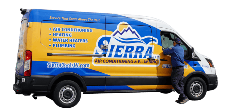 A worker stands at the open driver door of a Sierra Air Conditioning & Plumbing van featuring service listings and company branding.