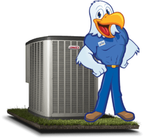 A cartoon eagle mascot in a blue shirt and jeans stands next to a Lennox air conditioning unit on a patch of grass.