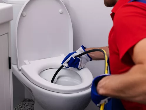 Plumber Working on Clogged Toilet